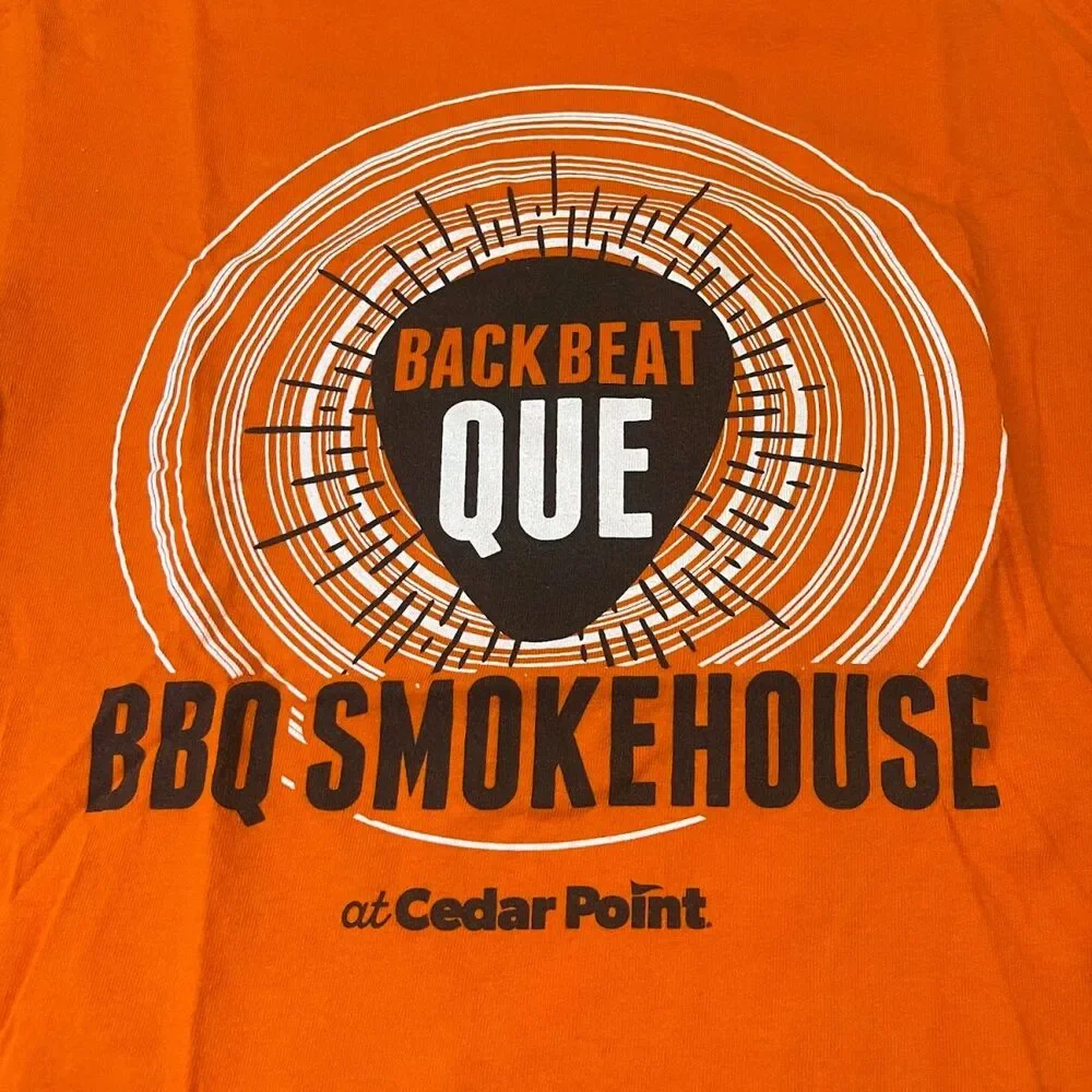 Cedar Point Back Beat Que Restaurant Rare Worker Shirt Size S Rock & Roll BBQ